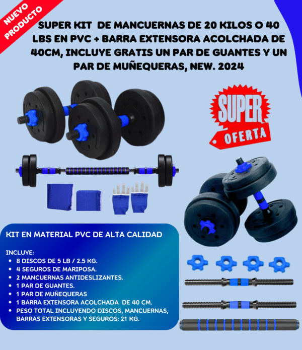 1731623248FFG Kit Mancuernas 20KG 8 Discos + Extensora